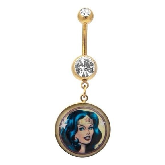 Wonder Woman Belly Ring 14G 1/2” CZ Dangle |Gold Plated Navel Jewelry| DC Comics - Thumbnail 2
