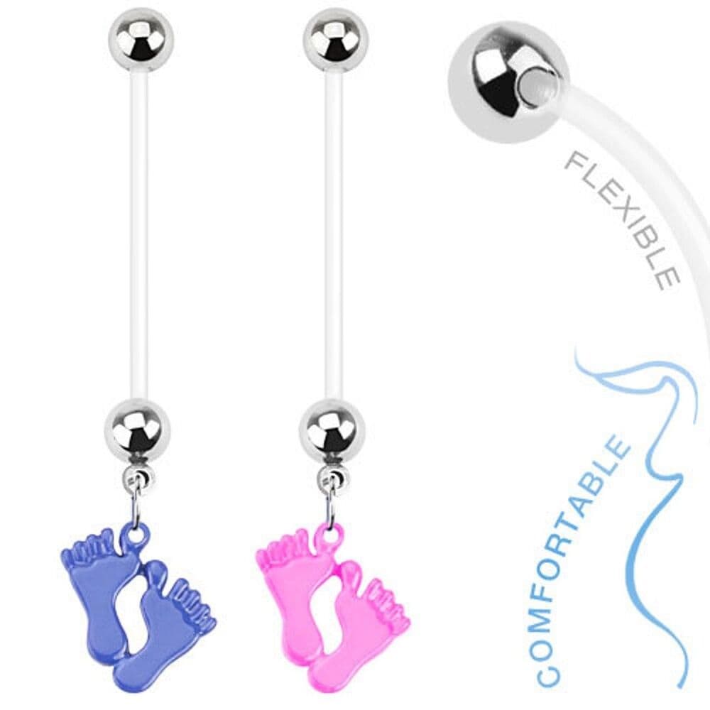 Pregnancy Navel Ring – Epoxy Blue Baby Feet – 14G 1” Flexible Bioflex