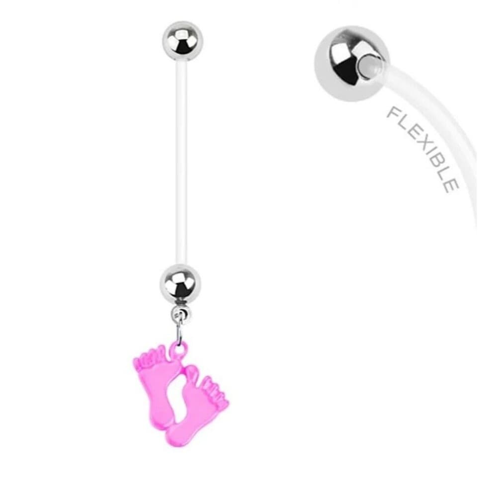 Pregnancy Navel Ring – Epoxy Pink Baby Feet – 14G 1” Flexible Bioflex - Thumbnail 4