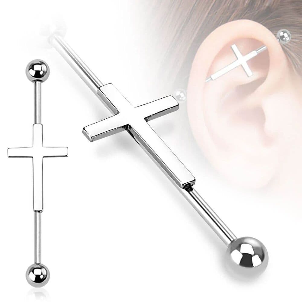 Cross Industrial Barbell 14G Surgical Steel | 35mm – Silver | Single Bar