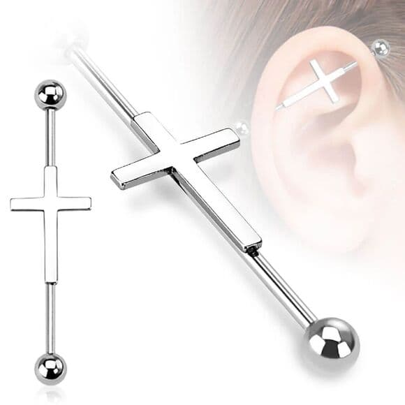 Cross Industrial Barbell 14G Surgical Steel | 35mm – Silver | Single Bar - Thumbnail 2