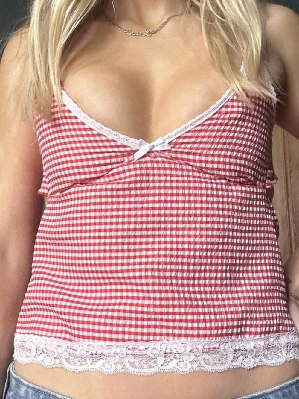 Women's Lace Trim Cami Tops Summer Spaghetti Strap Plaid Print - Thumbnail 4