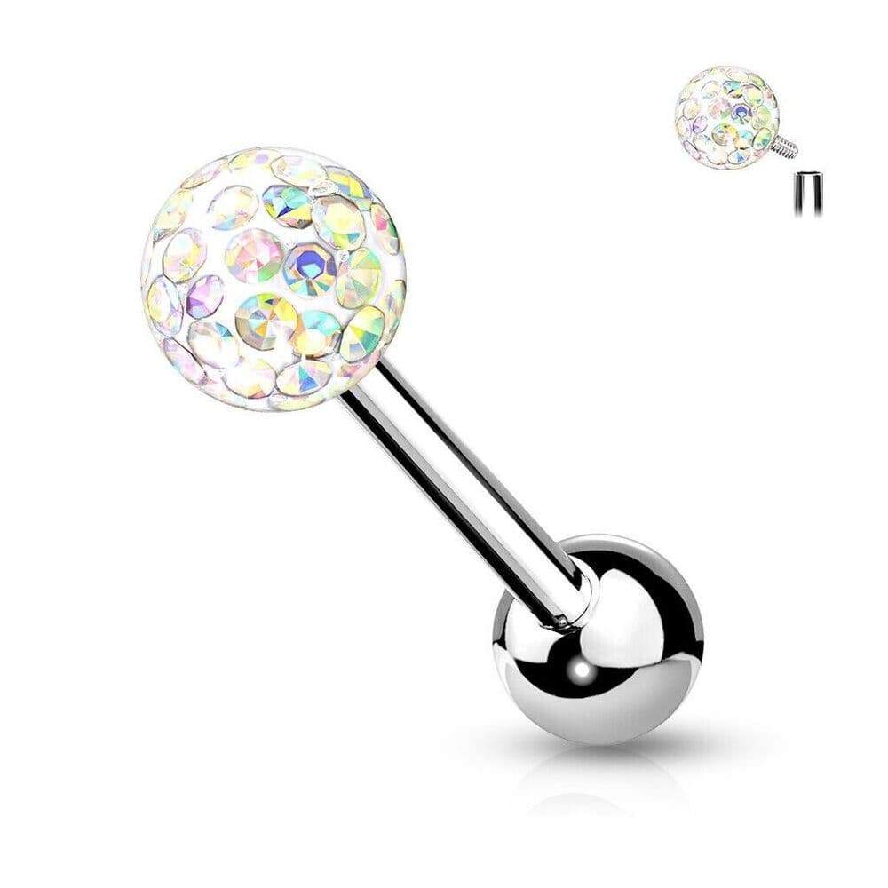 Multi Crystal Ferido Ball Tongue Ring 14G 5/8” 316L Steel 6mm - Aurora Borealis - Thumbnail 7