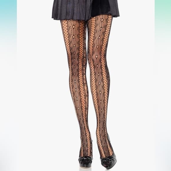 Leg Avenue Black Lattice Lace & Fishnet Striped Pantyhose – One Size - Thumbnail 3
