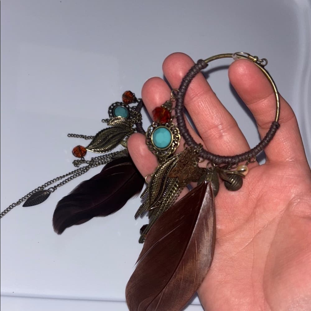 Bohemian Feather Earrings with Turquoise Accents - Thumbnail 2