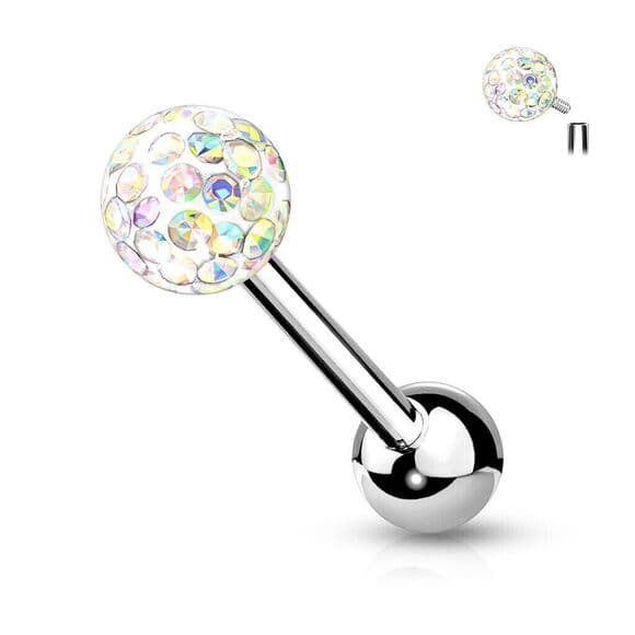 Multi Crystal Ferido Ball Tongue Ring 14G 5/8” 316L Steel 6mm - Aurora Borealis - Thumbnail 8