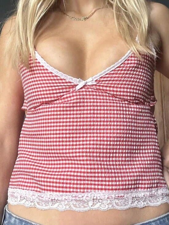 Women's Lace Trim Cami Tops Summer Spaghetti Strap Plaid Print - Thumbnail 5