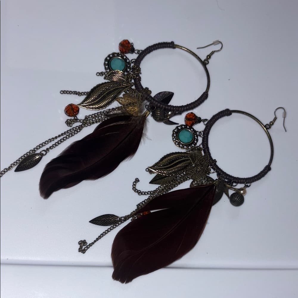 Bohemian Feather Earrings with Turquoise Accents