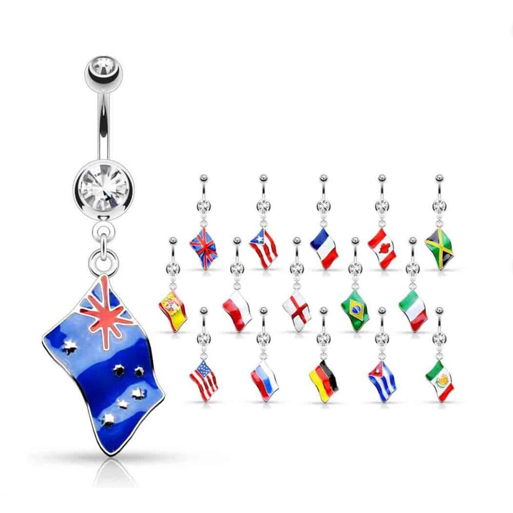 Brazil Flag Dangle Belly Ring – 14G 316L Surgical Steel | CZ Gem Star Top