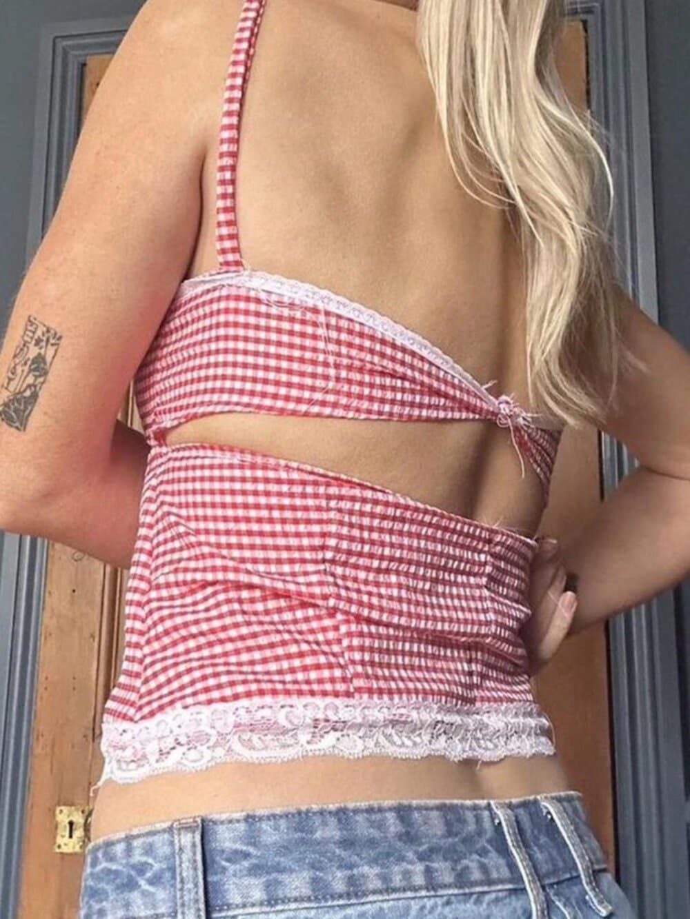 Women's Lace Trim Cami Tops Summer Spaghetti Strap Plaid Print