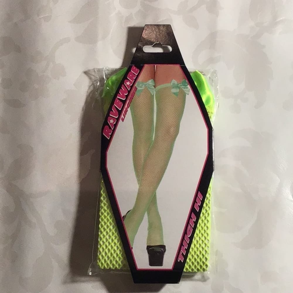 Raveware: Neon Green Fishnet Thigh High w/Bows​