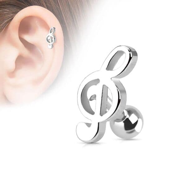 Treble Clef Cartilage/Tragus Stud 16G 1/4” 316L Steel Music Note Piercing - Thumbnail 2