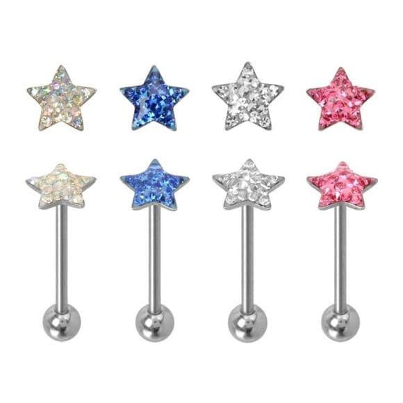 4pc Multi-Crystal Star Tongue Rings Set 14G Barbell Body Piercing Jewelry - Thumbnail 2