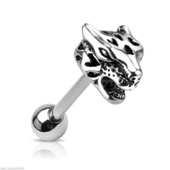 Casted Jaguar Head Tongue Ring | 14G 5/8” Bar | Stainless Steel - Thumbnail 2