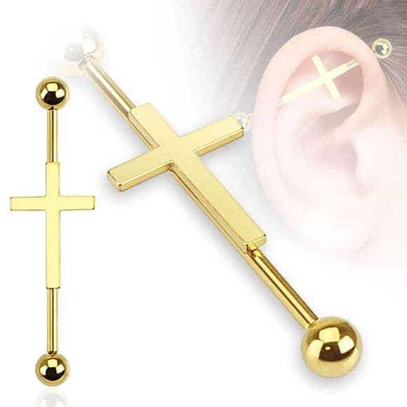 Cross Industrial Barbell 14G Surgical Steel | 35mm – Gold | Single Bar - Thumbnail 2
