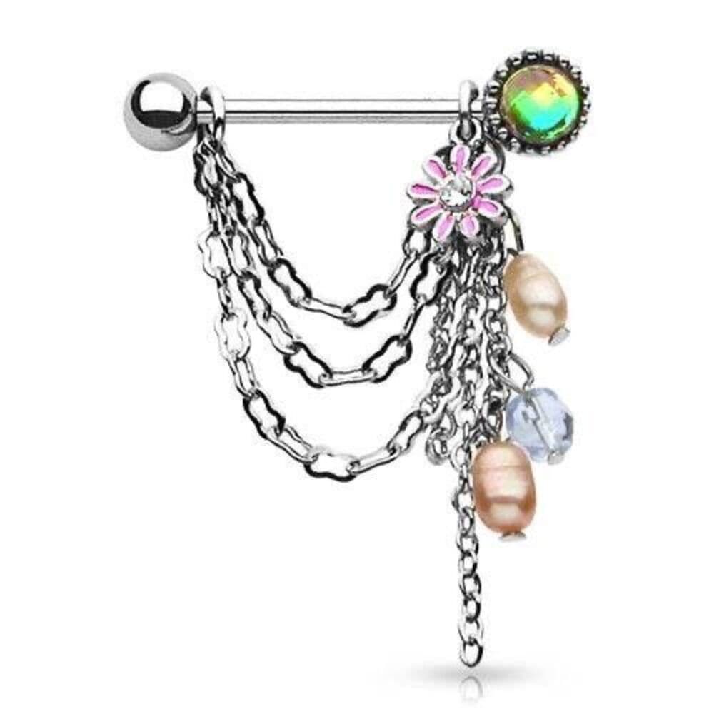 Pearl Flower Chain Dangle Nipple Shields 14G - Sold as a Pair - Thumbnail 2