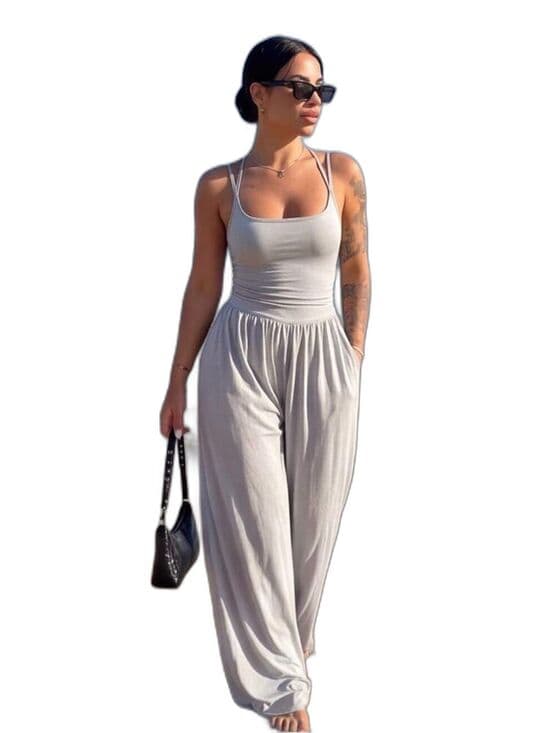 Women's Light Gray Sleeveless Jumpsuit Size X-Large - Thumbnail 5