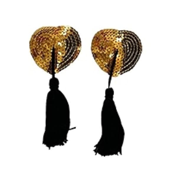Gold Sequin Heart Pasties with Black Tassels - Thumbnail 3