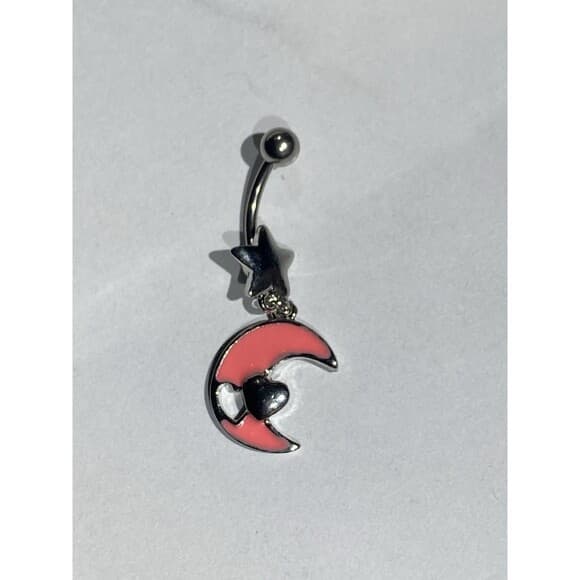 Star, Moon and Heart Dangle Navel Ring – Pink Epoxy – 316L Surgical Steel - Thumbnail 5