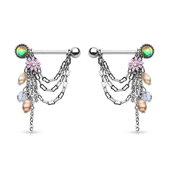 Pearl Flower Chain Dangle Nipple Shields 14G - Sold as a Pair - Thumbnail 4