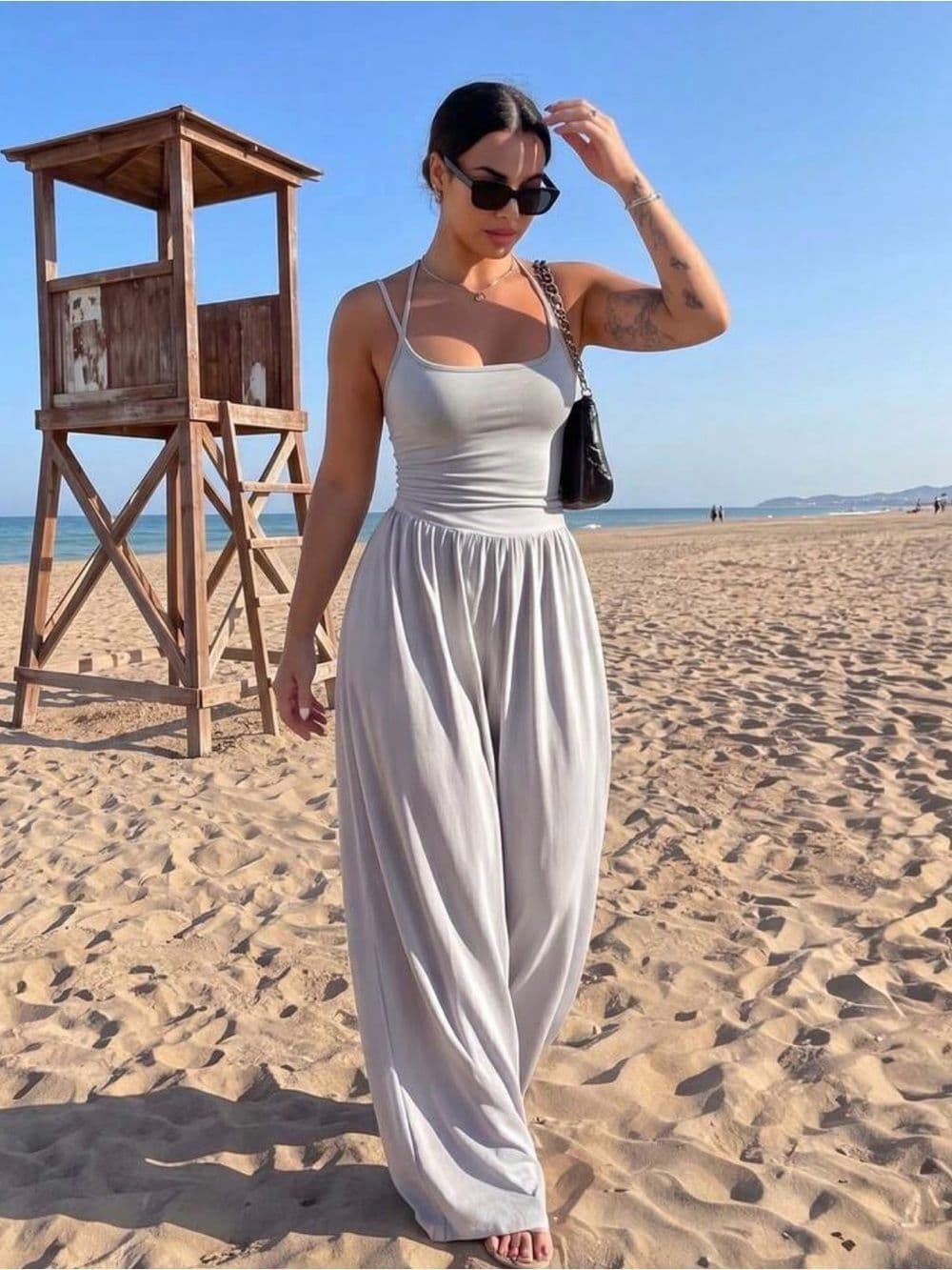 Women's Light Gray Sleeveless Jumpsuit Size X-Large - Thumbnail 2