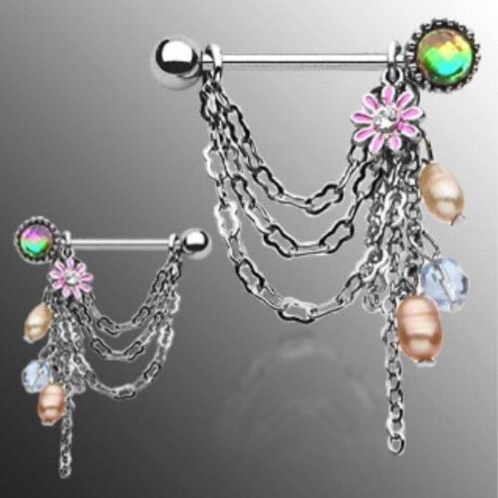 Pearl Flower Chain Dangle Nipple Shields 14G - Sold as a Pair