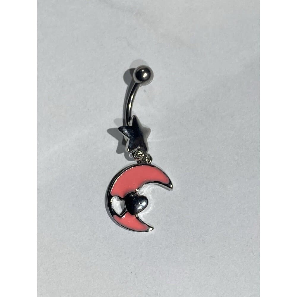 Star, Moon and Heart Dangle Navel Ring – Pink Epoxy – 316L Surgical Steel - Thumbnail 4