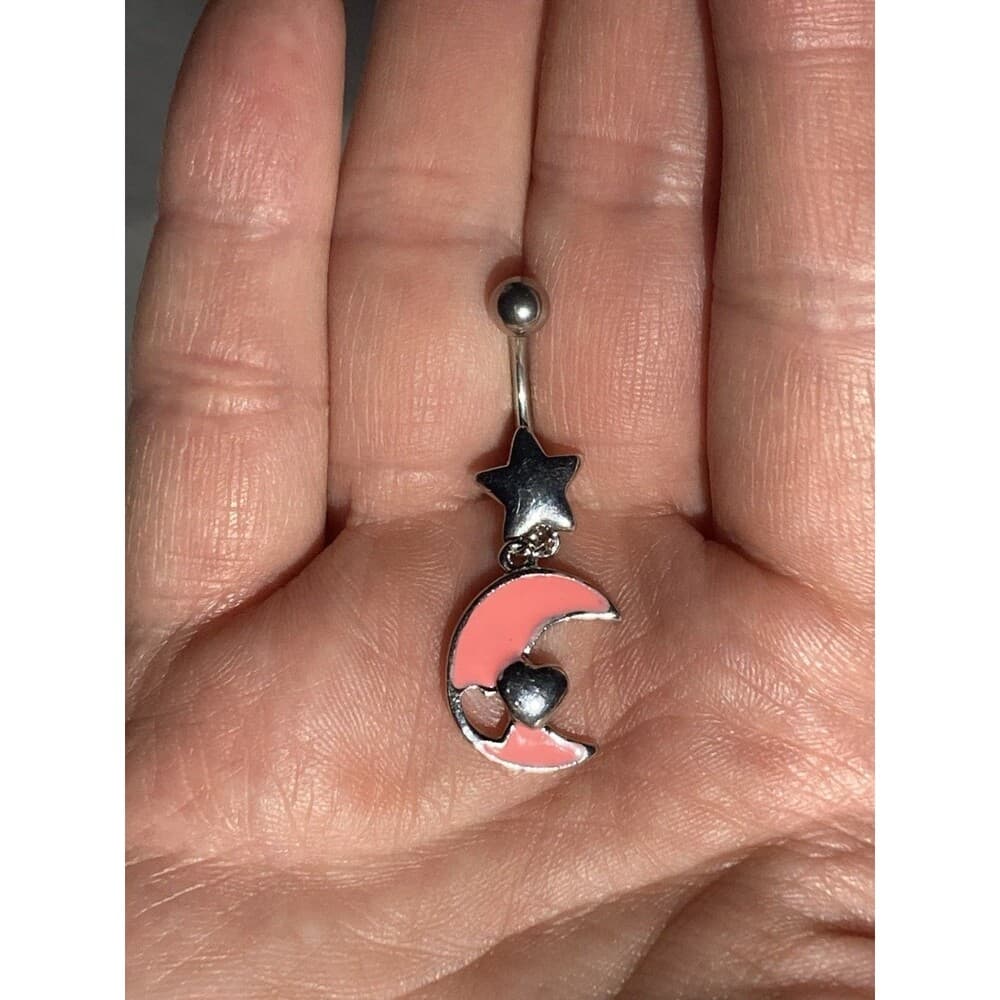 Star, Moon and Heart Dangle Navel Ring – Pink Epoxy – 316L Surgical Steel - Thumbnail 2