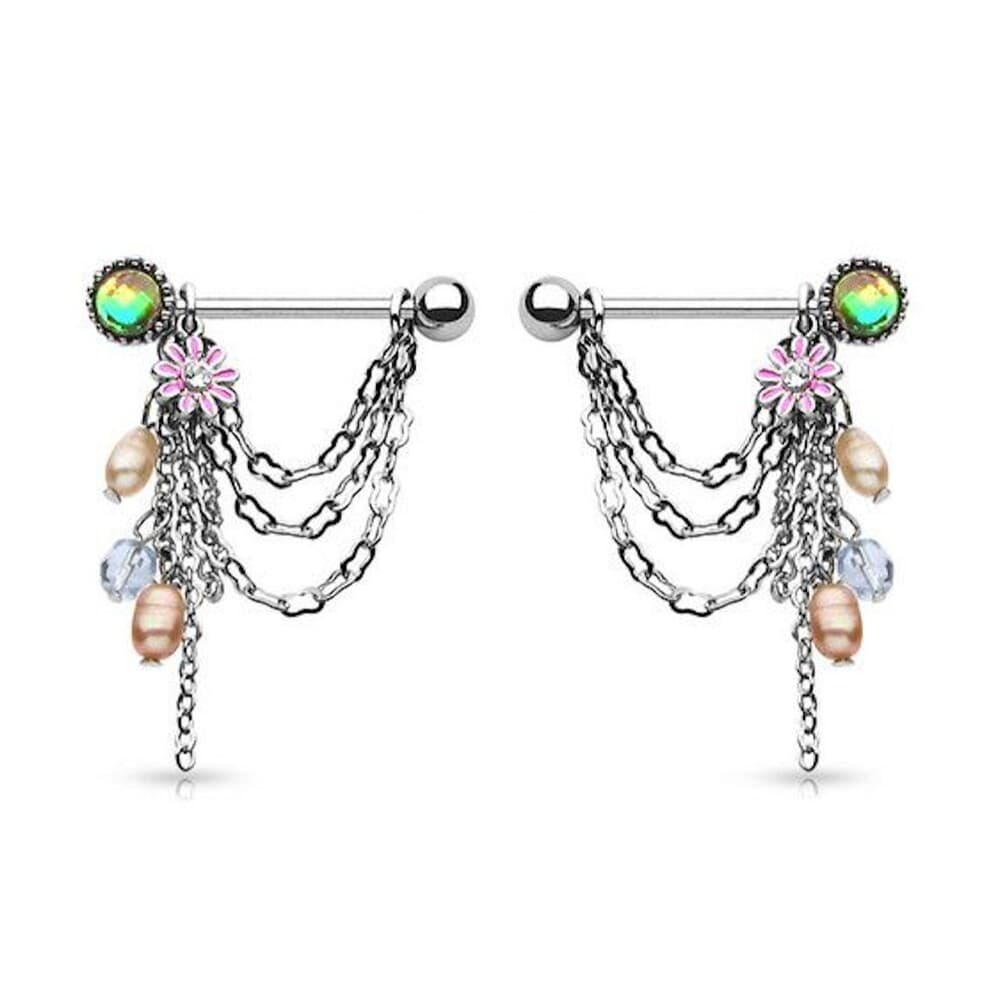 Pearl Flower Chain Dangle Nipple Shields 14G - Sold as a Pair - Thumbnail 3