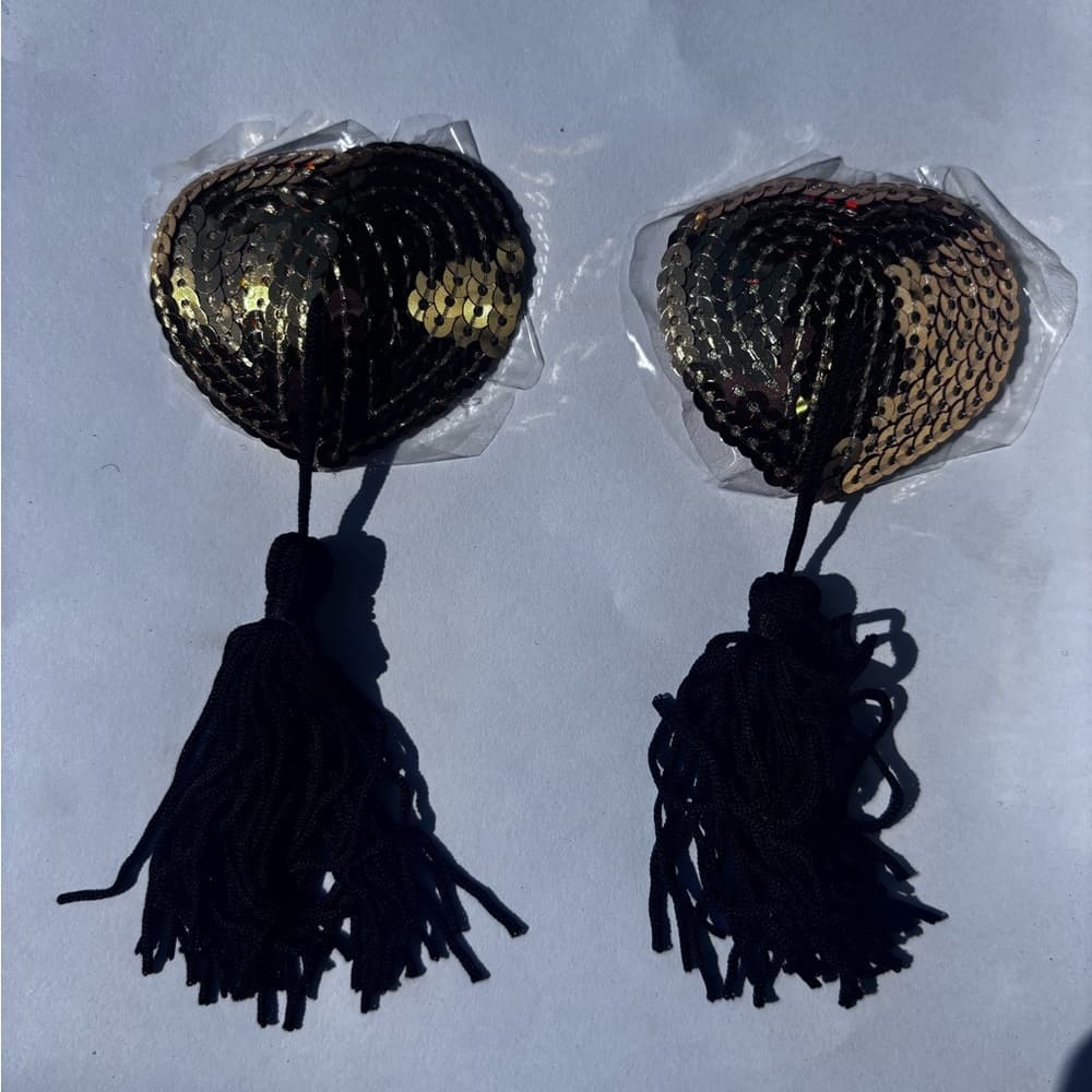 Gold Sequin Heart Pasties with Black Tassels