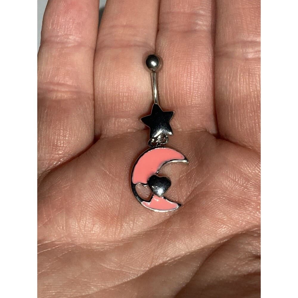 Star, Moon and Heart Dangle Navel Ring – Pink Epoxy – 316L Surgical Steel - Thumbnail 3