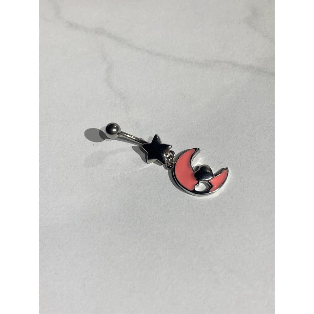 Star, Moon and Heart Dangle Navel Ring – Pink Epoxy – 316L Surgical Steel