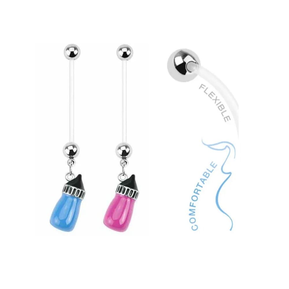Pregnancy Navel Ring – Pink Baby Bottle Dangle – 14G 1” Flexible Bioflex