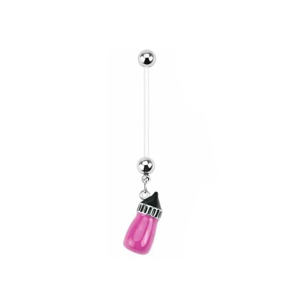 Pregnancy Navel Ring – Pink Baby Bottle Dangle – 14G 1” Flexible Bioflex - Thumbnail 5