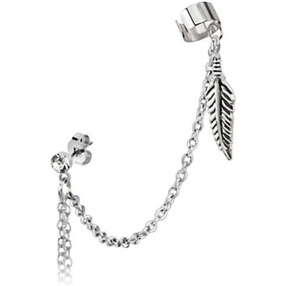 Cuff Chain Earring with Feather Dangles – 316L Steel, 20G, Sold Individually
