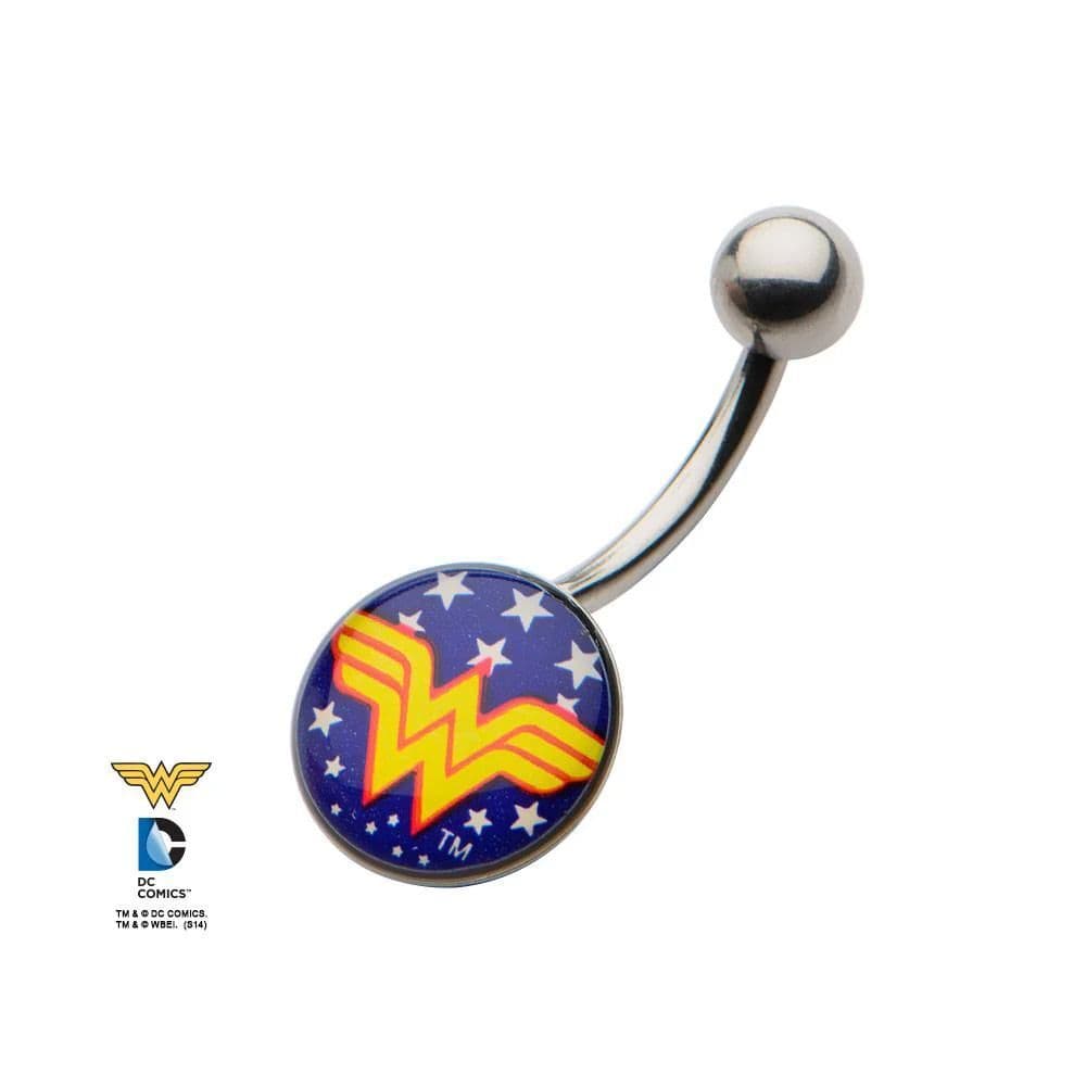 Wonder Woman Belly Ring 14G 1/2” CZ Dangle |Gold Plated Navel Jewelry| DC Comics