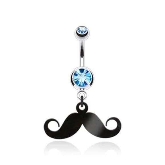 Mustache Dangle with Blue Double Cubic Zirconia Navel Ring - Thumbnail 2