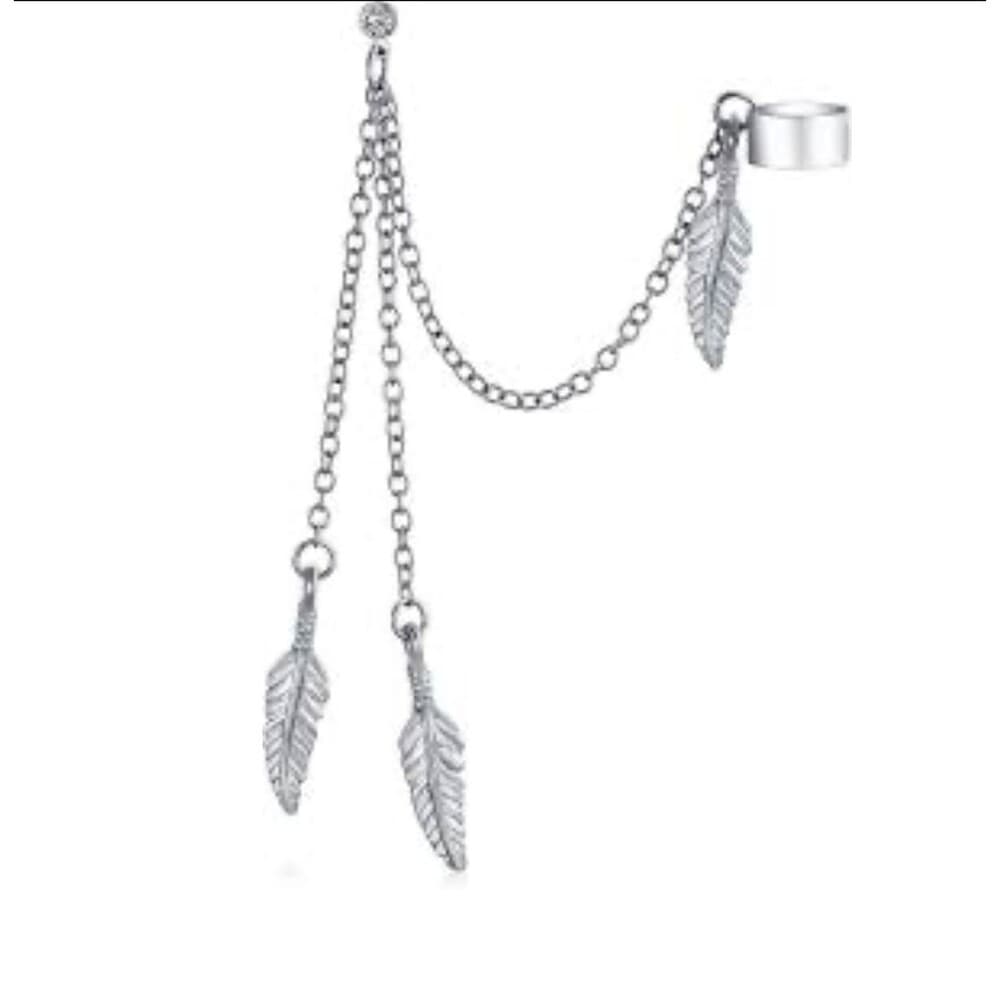 Cuff Chain Earring with Feather Dangles – 316L Steel, 20G, Sold Individually - Thumbnail 2