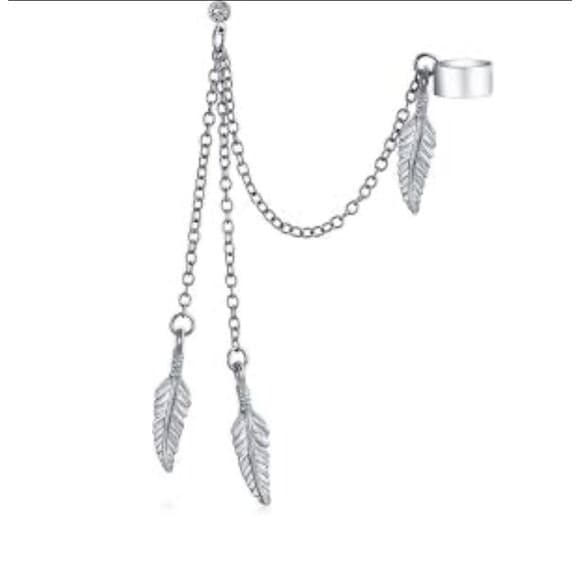 Cuff Chain Earring with Feather Dangles – 316L Steel, 20G, Sold Individually - Thumbnail 3