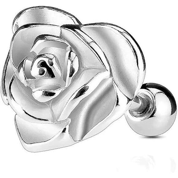 Heart Rose Tragus Barbell – 16G 1/4” – Floral Cartilage Piercing - Thumbnail 2