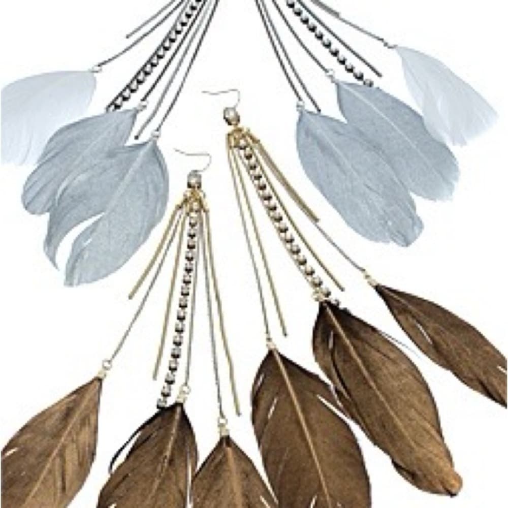 All The Rage Two Tone Sensational Dangling Chained Feathered Earrings