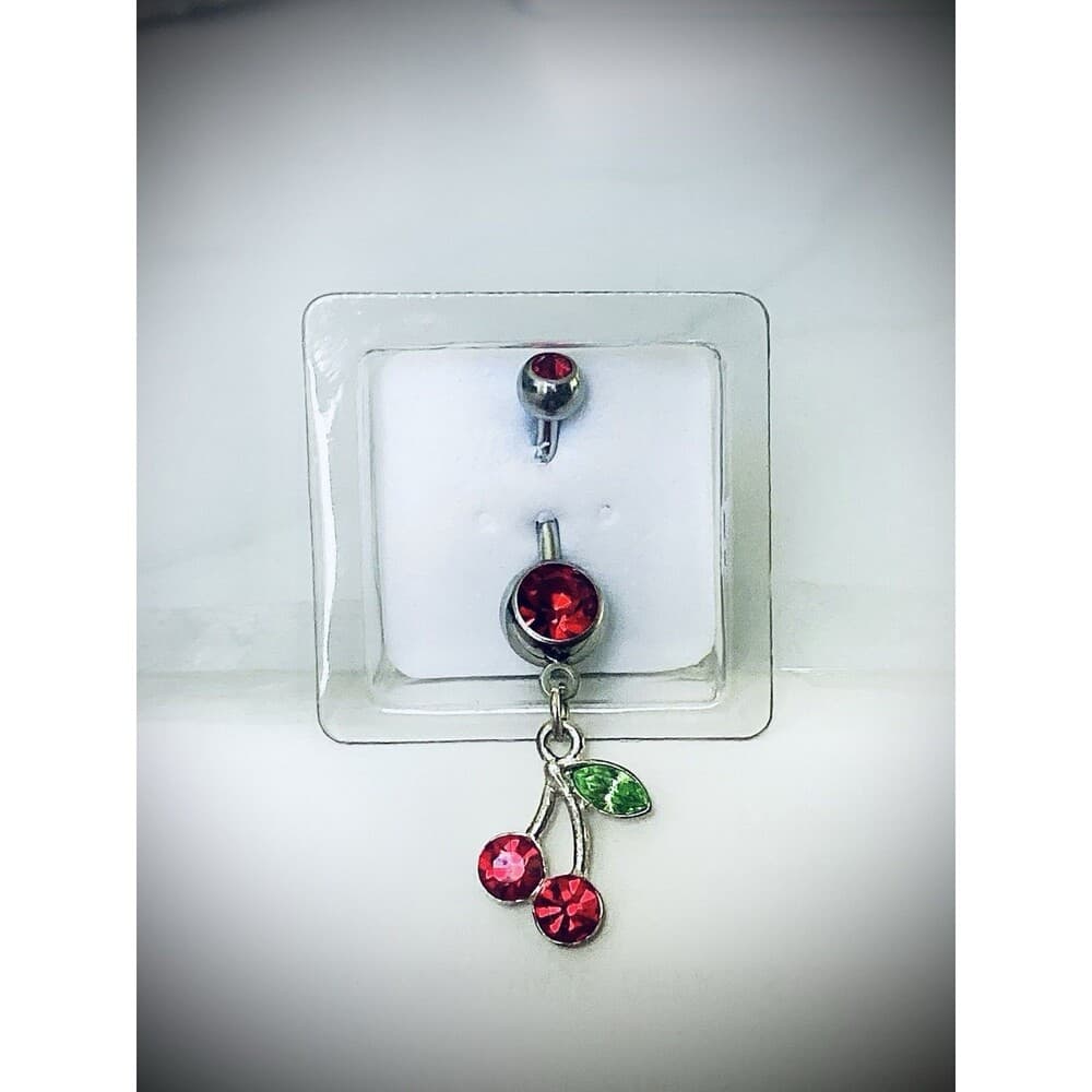 Cherry Dangle Belly Ring 14g 3/8” Red Swarovski Crystals