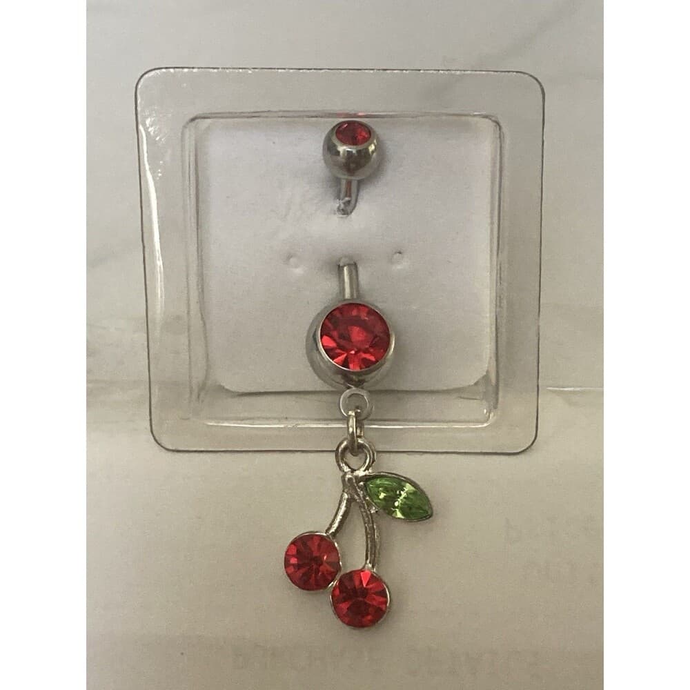 Cherry Dangle Belly Ring 14g 3/8” Red Swarovski Crystals - Thumbnail 2
