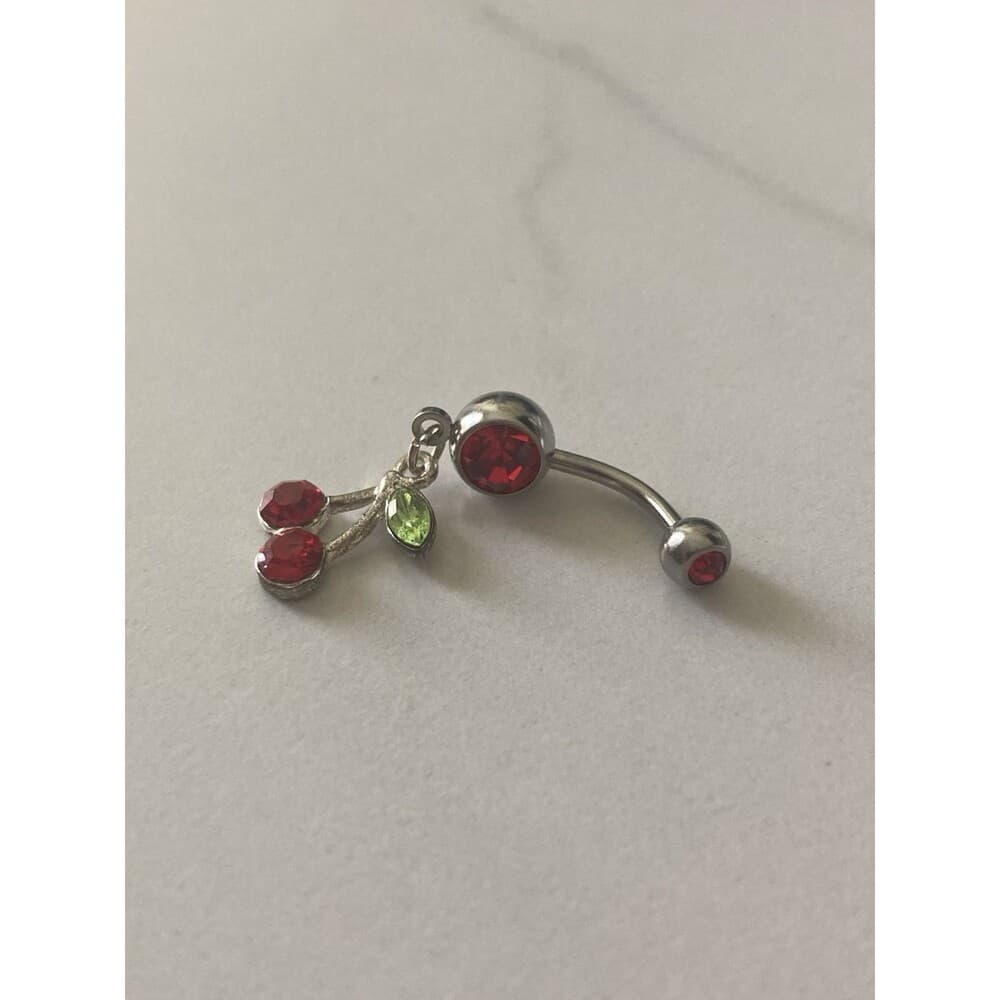 Cherry Dangle Belly Ring 14g 3/8” Red Swarovski Crystals - Thumbnail 5