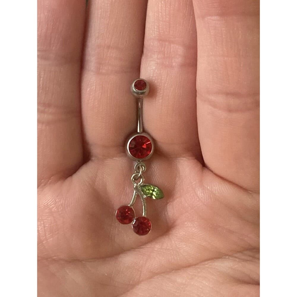Cherry Dangle Belly Ring 14g 3/8” Red Swarovski Crystals - Thumbnail 3