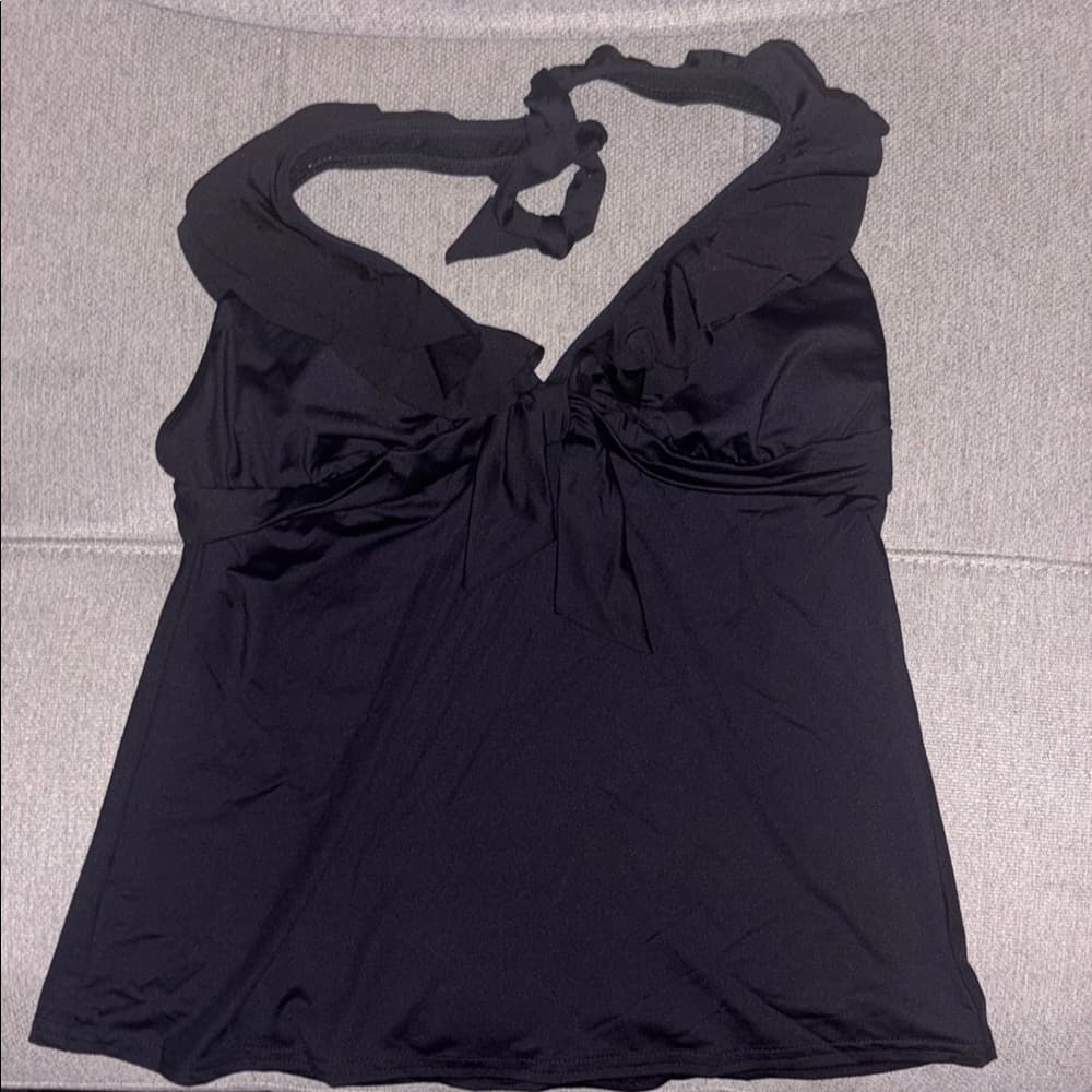 Kenneth Cole Reaction: Black Bikini Tankini Top - Halter Ruffle & Bow Detail - Thumbnail 2