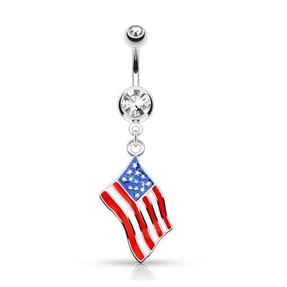 USA Flag Dangle Belly Ring – 14G 316L Surgical Steel | CZ Gem - Thumbnail 2