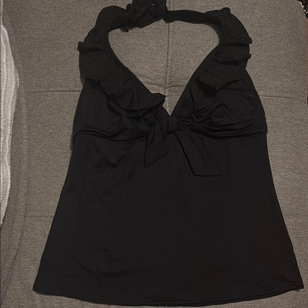 Kenneth Cole Reaction: Black Bikini Tankini Top - Halter Ruffle & Bow Detail - Thumbnail 3