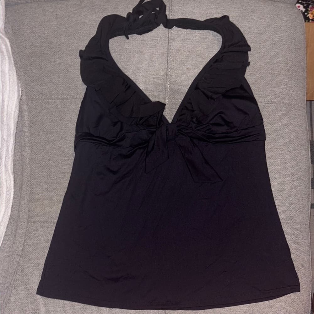 Kenneth Cole Reaction: Black Bikini Tankini Top - Halter Ruffle & Bow Detail - Thumbnail 4