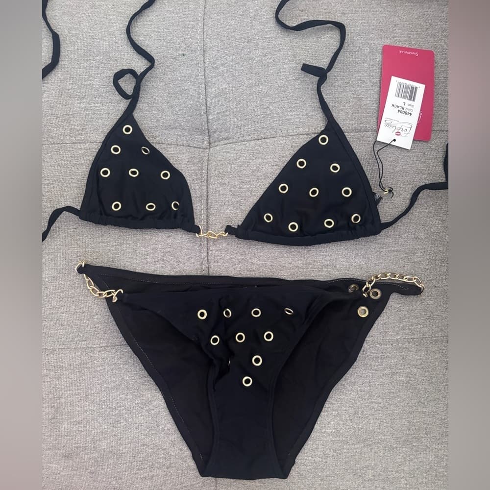 Forplay 2 Piece Black Gold Grommet and chain Bikini Set - Thumbnail 4